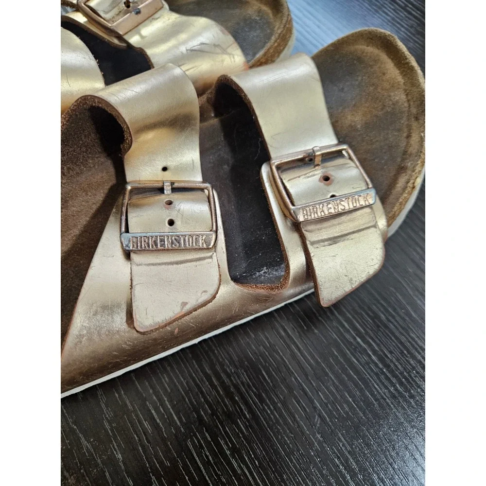 Birkenstock‎ Arizona Metallic Rose Gold Leather Two Strap Sandals Slides Womens